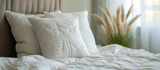 Decorative elements and fabric patterns on a white pillow and bed.
