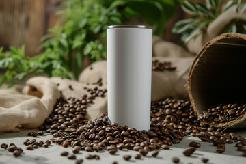 Close-up of a white color 20oz Straight Skinny Tumbler includes a lid with coffee beans background, Tumbler mockup