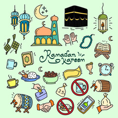 Ramadan Kareem hand drawn doodle set. Vector illustration