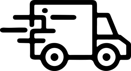 A speedy delivery truck with dynamic lines indicating motion, depicted in black on a white background