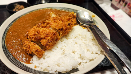Crispy fried pork cutlet with curry and rice, Japanese food style
