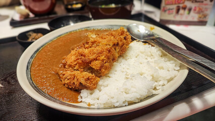 Crispy fried pork cutlet with curry and rice, Japanese food style