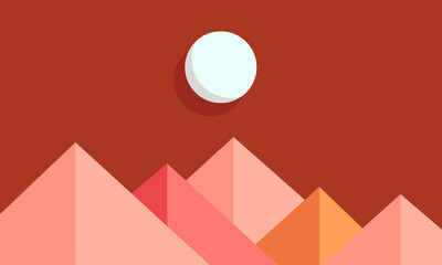 A serene mountain landscape under a full moon, using geometric shapes and warm hues to evoke a sense of tranquility and wonder - Vector