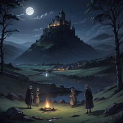 Gaelic ritual at night. People near the campfire; a castle in the background. Anime landscape drawing - obrazy, fototapety, plakaty
