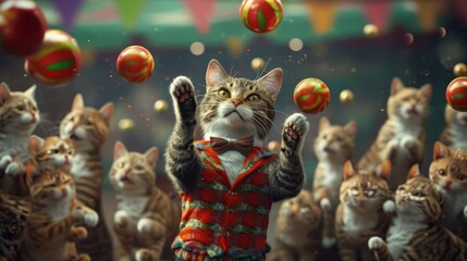 A mischievous cat dressed as a ringmaster is hilariously trying to juggle multiple catnip balls at once while a group of excited cats cheer him on from the sidelines at the