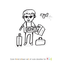 Cute doodle cartoon hand drawn tourist illustration,World tourism day hand drawn outline illustration in doodle style