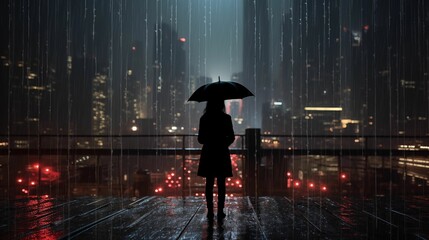Rear view of a woman holding an umbrella in a rain.