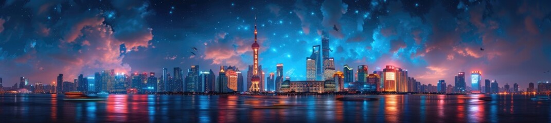 a high-tech skyline with traditional Chinese towers, harmonizing past and future