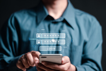 Cyber security concept. Person use smartphone to login and password for data protection and secure internet access, cybersecurity. Information security and encryption.