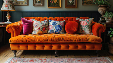 Plush Velvet Sofa with Colorful Cushions