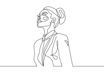 Businesswoman Continuous One Line Drawing. Woman Silhouette Black Sketch Isolated on White Background. Female Portrait Abstract Minimal Art. Vector EPS 10