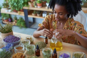 A joyful african american woman creates her own skincare products using natural ingredients at her peaceful home workshop.