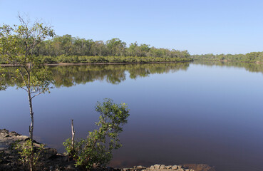 Peaceful view of the Boyne River with water, trees and a clear blue sky at Boyne Island, Queensland, Australia