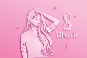 Minimalist Girl with Long Hair and Number 8 — 8 March Design for Women's Day