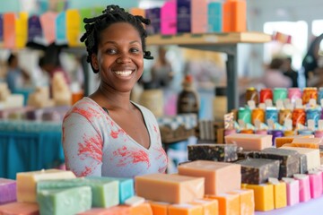 Cheerful african american woman selling colorful handmade soaps at a craft fair, with a vibrant market stall in the background