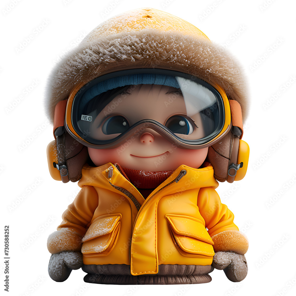 Wall mural a 3d animated cartoon render of a happy kid wearing goggles and skiing gear. created with generative