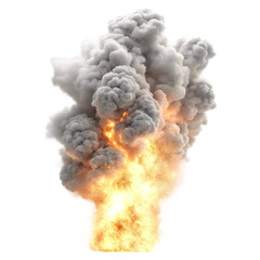 Large, billowing smoke plume with an intense fiery base, isolated on a white background
