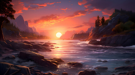 landscape during sunset nightcore high quality Free Photo,, Painting of a sunset over a rocky shoreline with pine trees   