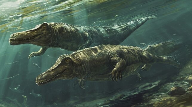 A group of graceful Nothosaurs gliding through the water their sleek bodies and webbed limbs allowing them to blend seamlessly into their ocean surroundings.