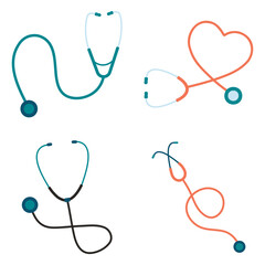 Stethoscope Medical Icon Set. Heart Illness Diagnosis Tool. Isolated Vector Illustration.