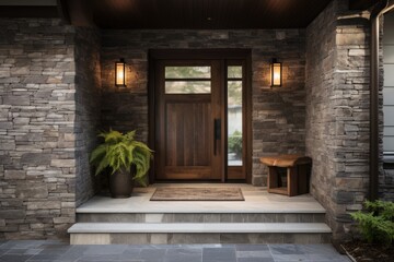 This photo features a front door adorned with two lights and a bench.
