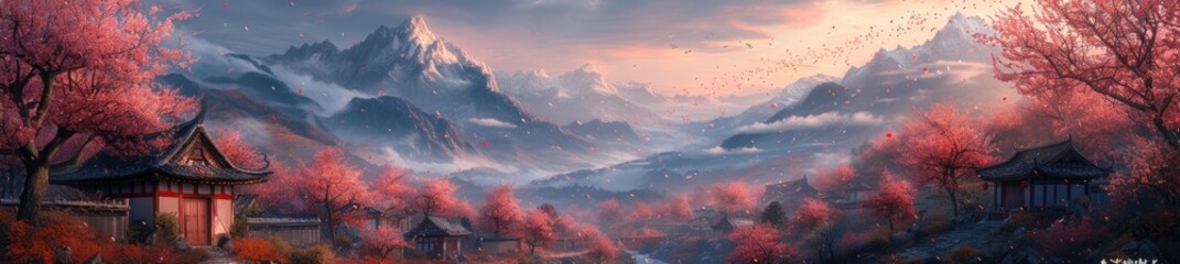 an ancient mountain village with cherry blossoms, blending oriental aesthetics