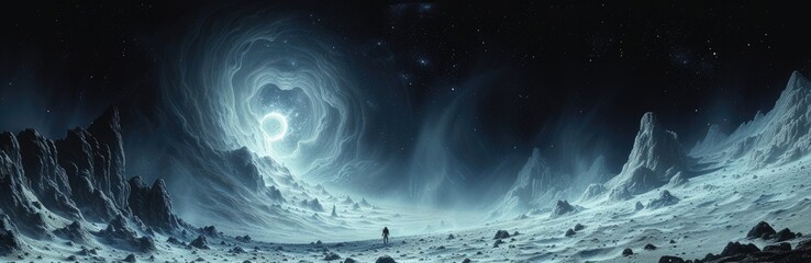 Astronauts exploring alien landscapes, cosmic outlines, deep space blacks, futuristic scenes