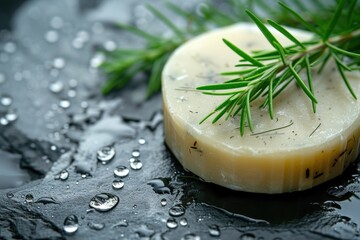 Close-up of a natural shampoo bar with herbal inclusions and fresh rosemary sprigs, on a wet black stone surface with water droplets. - obrazy, fototapety, plakaty