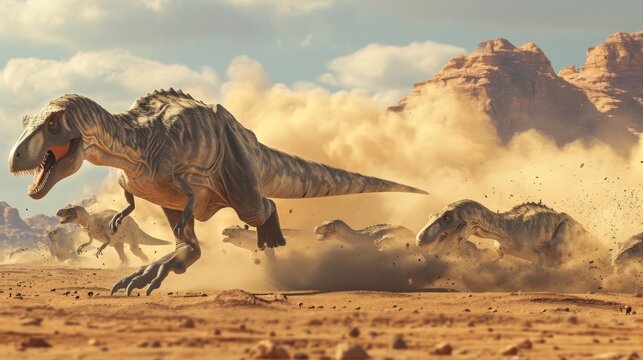 A mive herd of migrating dinosaurs including the mighty Tyrannosaurus Rex creating a dust cloud as they journey across a dry desert.