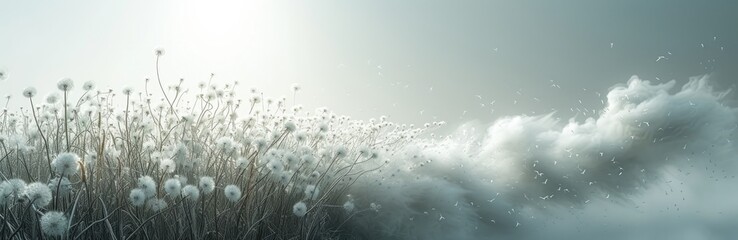 Dandelion seeds in the breeze, delicate pencil lines, soft whites and grays, whimsical nature
