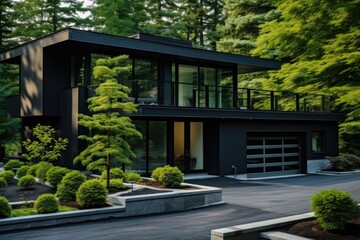 Fototapeta premium A contemporary-style house nestled in the midst of a dense forest, blending seamlessly with the natural surroundings.