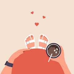 Pregnant woman holding cup with coffee in hand. Top view of belly. Hot coffee with marshmallow. Happy time. Vector illustration in flat cartoon style.