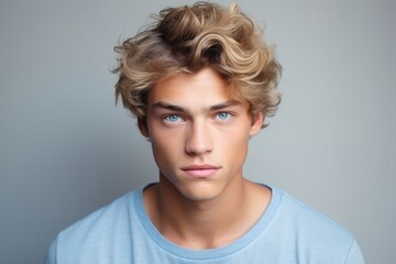 A photo of a young man with blonde hair and striking blue eyes, captured in a natural setting. - obrazy, fototapety, plakaty