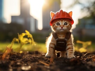 A small kitten wearing a hard hat and holding a camera. Generative AI. - obrazy, fototapety, plakaty
