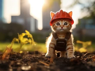 Foto op Canvas A small kitten wearing a hard hat and holding a camera. Generative AI. © Natalia