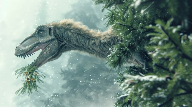 A towering muscular dinosaur with a long furry neck stretches up to reach the sp leaves of a pine tree its sharp teeth exposed as it chews on its frigid meal.