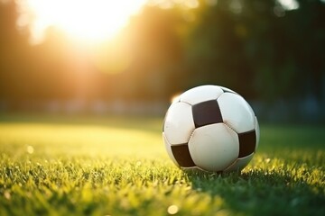 A soccer ball rests on top of a vibrant green field, creating a captivating scene of sports and nature.