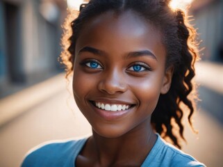 Portrait of black woman with beautiful blue eyes. Hair Shines in the Sun