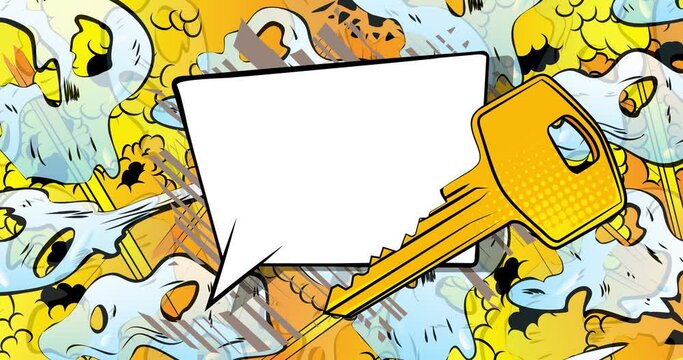 Cartoon Key with blank speech bubble, comic book Safety video. Retro comics pop art animation.