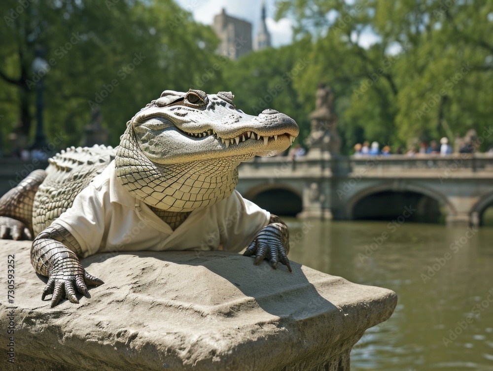 Poster a statue of a crocodile sitting on a stone ledge. generative ai.
