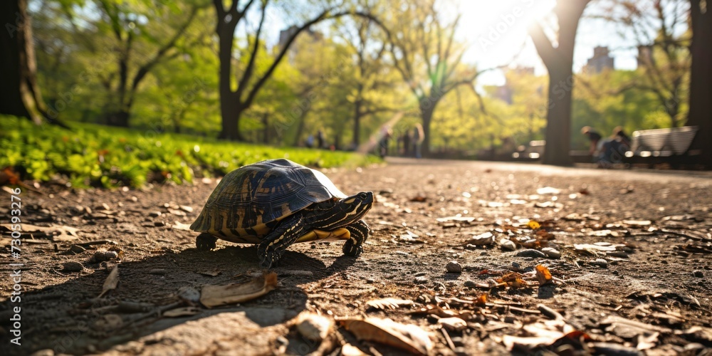 Wall mural A turtle walking on the ground in a park. Generative AI.