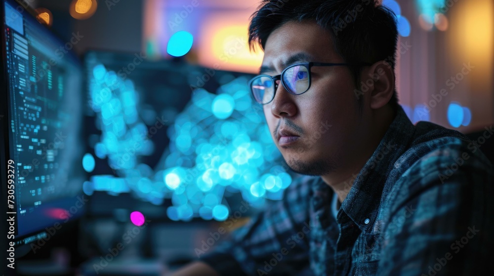 Poster a man in glasses is looking at a computer screen. generative ai.