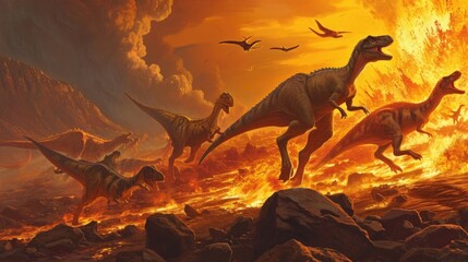 A group of hadrosaurs using their strong legs to leap over chasms and boulders their canter becoming increasingly frantic as they try to outpace the volcanic destruction. - obrazy, fototapety, plakaty