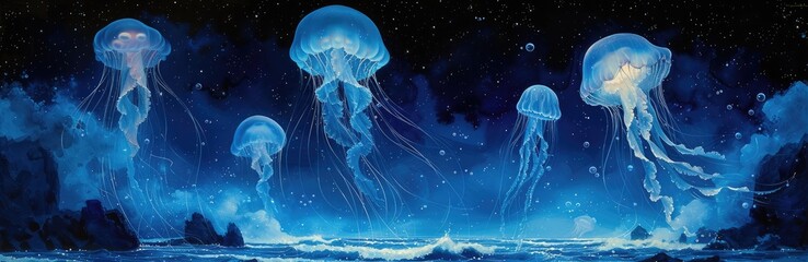 Jellyfish ballet under a moonlit sea, delicate watercolor lines, midnight blues