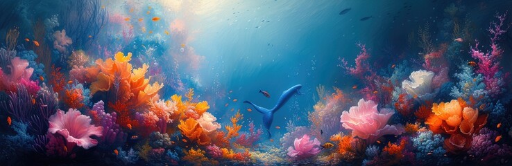 Fototapeta na wymiar Mermaids in a coral reef ballet, delicate pen lines, underwater pastels, marine fantasy scenes