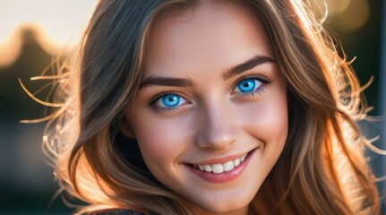 Portrait of woman with beautiful blue eyes. Hair Shines in the Sun