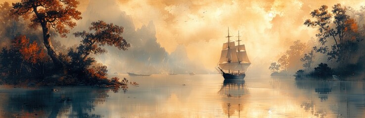 Sailing ships on a serene lake, sketched lines in sepia, calm blue tones