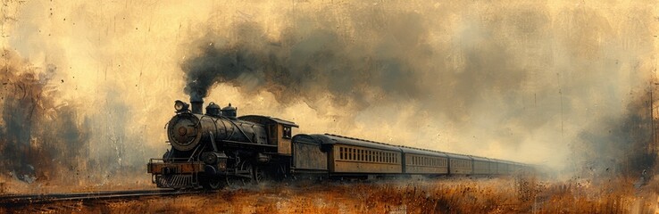 Steam locomotives in a misty morning, sketchy lines in sepia, vintage browns
