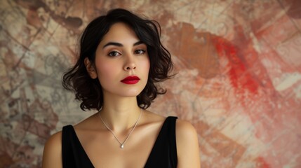 Latina Woman in Creative Dreamlike Nostalgic Pink, Brown, Cream Background - Direct Gaze with Makeup defined Eyebrows and Red Lipstick - Dark Hair and Black Dress created with Generative AI Technology