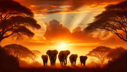 Dramatic silhouette of elephants on the move under the golden glow of a setting sun in the African savannah.
Generative AI.